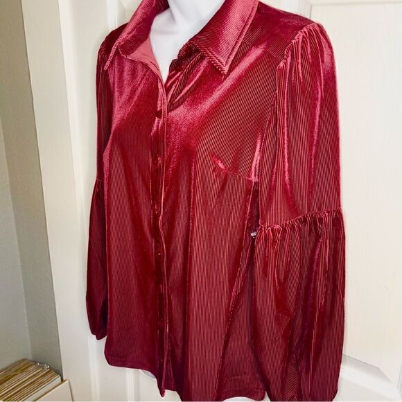 Modcloth Here For the Drama Button Up Corduroy Velvet Top Balloon Sleeve Wine S - Picture 8 of 12